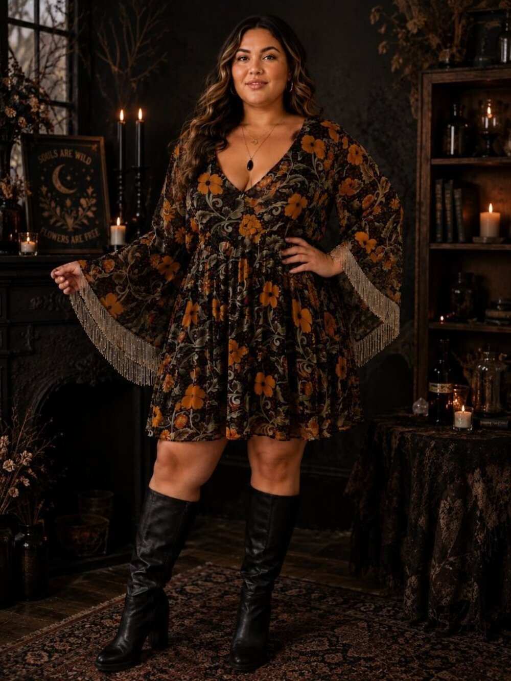 Verb by Pallavi Singhee Women's 2X Floral Fringe Bell Sleeve Boho Autumn Flawed